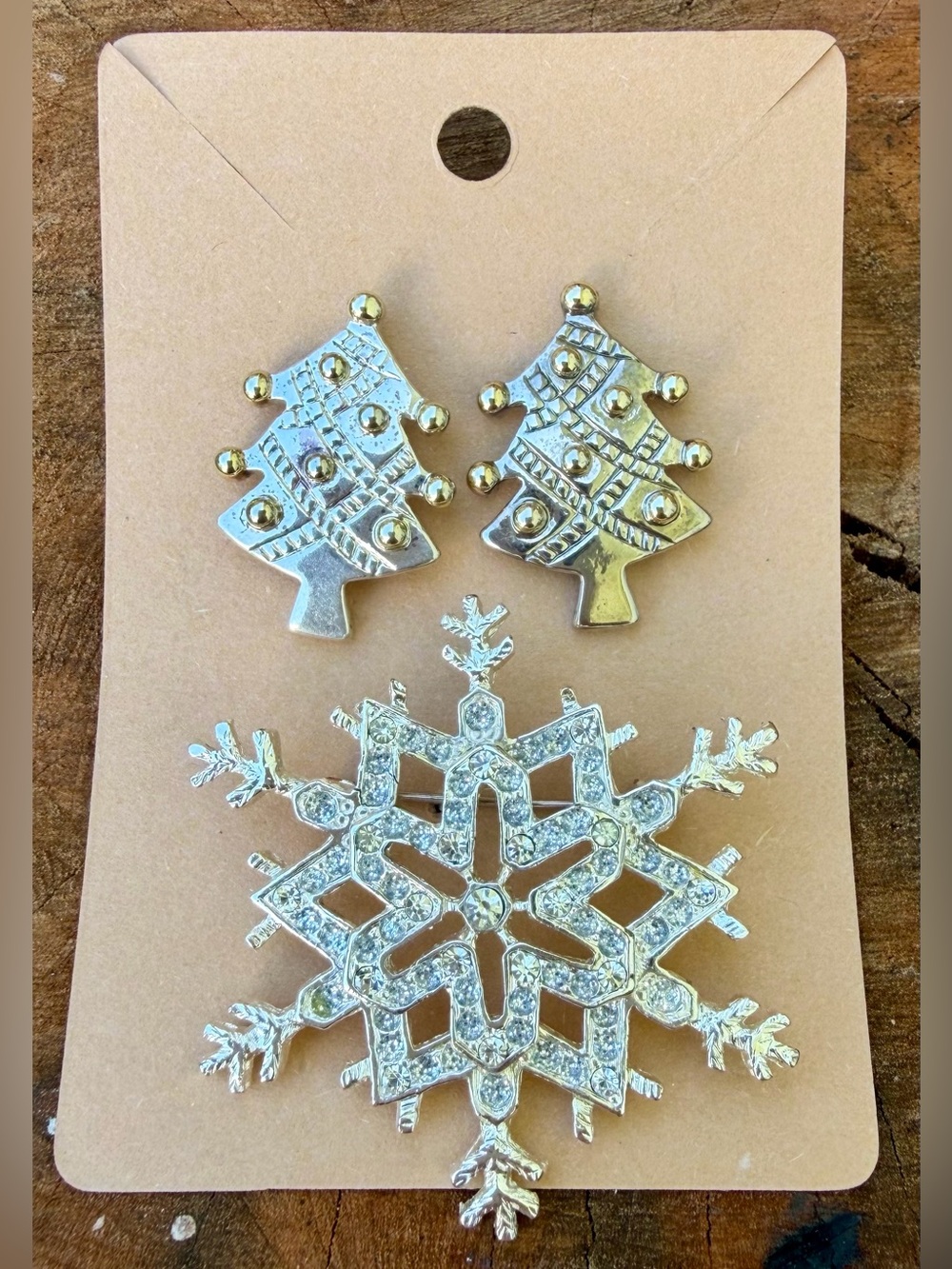 Silver Snowflake Brooch with Tree Stud Earrings - Holiday Jewelry Set